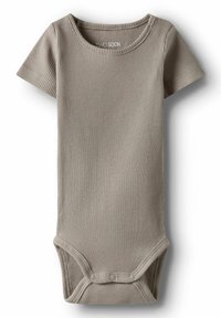 Bodysuit à manches courtes gris à côtes avec un col rond et une fermeture à pression au bas. Tissu doux avec une texture lisse.