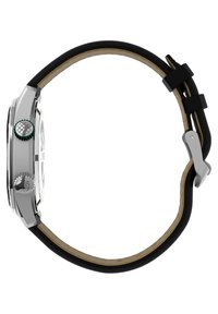 Orologio da polso d'argento con cinturino in pelle nera e interno color beige. Accenti verdi e argentati ben visibili sulla corona laterale. Design con quadrante rotondo.