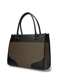 Svart syntetiskt läderhandväska med vävda bruna detaljer, strukturerad form, två handtag och metallbeslag.