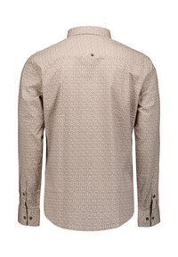 Lange mouwen blouse in beige met een geometrisch patroon. Voorzien van een button-down kraag en manchetten met contrasterende knopen.