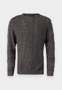 Pulover tricotat de culoare gri închis, cu modele texturate variate, mâneci lungi și decolteu la baza gâtului. Marginea și manșetele ribbenate completează designul.