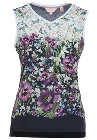 Květinový top bez rukávů s výstřihem do V, multibarevnými potisky brčálu a motýlů, tmavým pozadím a lehkým materiálem.
