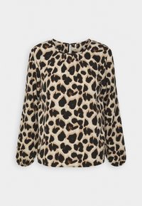 Leopardenmuster Bluse mit langen Ärmeln, Rundhalsausschnitt und weichem Stoff. Sie weist ein beige-schwarzes Muster mit braunen Akzenten auf.