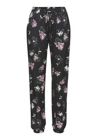 Black floral pajama pants with a drawstring waist, featuring pink and white flowers and green leaves against a dark background. Soft fabric.