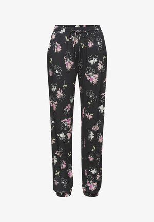 Zwarte bloemenpyjamabroek met een trekkoord in de taille, met roze en witte bloemen en groene bladeren tegen een donkere achtergrond. Zachte stof.
