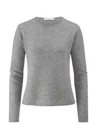 Grauer Pullover mit langen Ärmeln aus weichem Stoff, mit runder Ausschnitt und einer taillierten Silhouette, die an der Taille leicht ausgestellt ist.