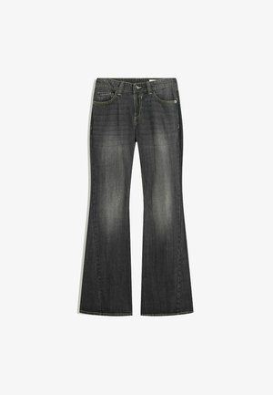 Flared dark gray denim jeans with a faded design, multiple pockets, and a button closure. Features sturdy stitching and a classic style.