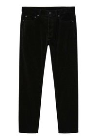 Pantalon en velours côtelé noir à jambes droites, design à cinq poches, fermeture par bouton et passants pour ceinture, présenté sur un fond blanc.