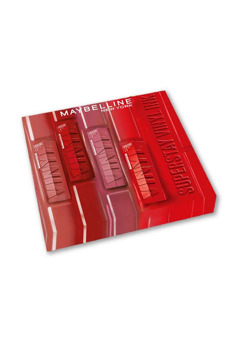 Le rouge à lèvres Maybelline New York Superstay Vinyl Ink dans un emballage rouge vif, comportant cinq fenêtres pour les produits à lèvres et un fini brillant.