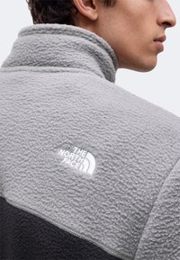 Άνδρας που φοράει ανοιχτό γκρι και μαύρο fleece μπουφάν με το λογότυπο The North Face στο επάνω μέρος της πλάτης, φαίνεται από πίσω και υπό γωνία.