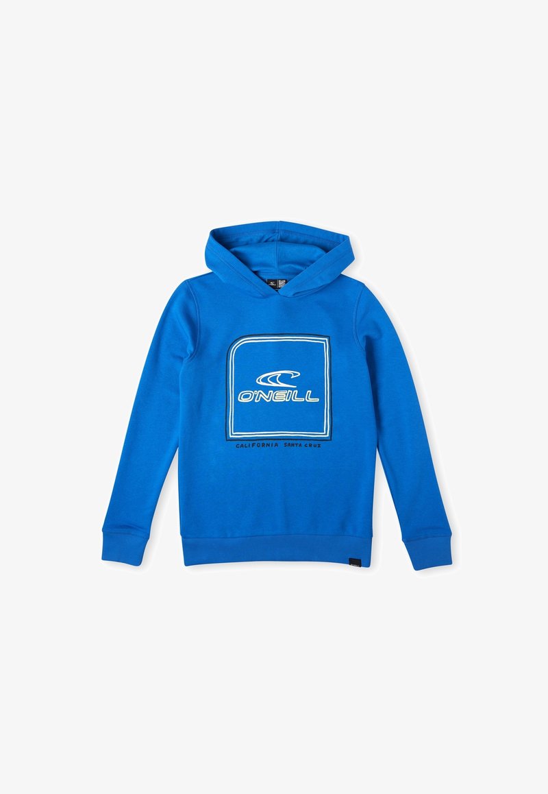 Sweat à capuche bleu en coton avec une poche kangourou. Présente un logo et un texte blancs sur le devant, des poignets et un ourlet côtelés.