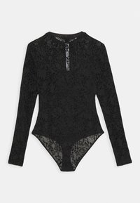 Schwarzer Langarm-Bodysuit mit transparentem Blumenmuster, hohem Kragen und Knopfverschluss auf der Rückseite. Glatte Textur und figurnahe Passform.
