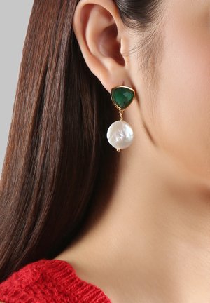 Gold-tone earrings feature a triangular green stone at the top and a round white pearl bottom, showcasing smooth textures and clean lines.