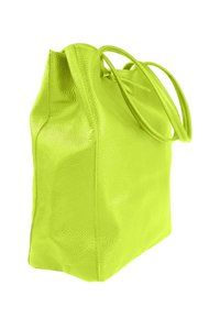 Neon groene leren totebag met een gestructureerd oppervlak, twee lange handvatten en een rechthoekige vorm, met gladde randen en minimale details.