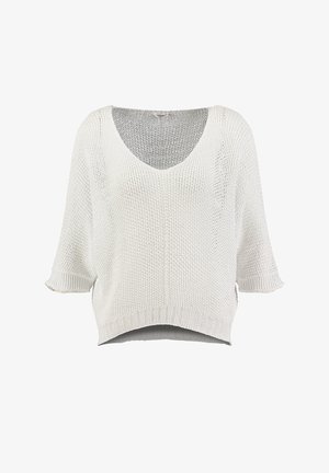 Lässiger weißer Strickpullover mit dreiviertel Ärmeln und V-Ausschnitt, mit einem leicht verkürzten Saum.