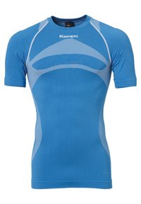 Blauw sportshirt met korte mouwen, gemaakt van rekbare stof. Heeft een getailleerd ontwerp met contrasterende lichtblauwe accenten en ergonomische naden.