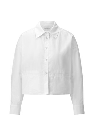 Geknipte witte overhem shirt van gladde stof, met een klassieke kraag, lange mouwen en twee voorzakken.