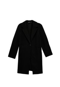 Abrigo largo negro en mezcla de lana, con cuello de muesca, cierre de botón simple, dos bolsillos frontales y una silueta recta.