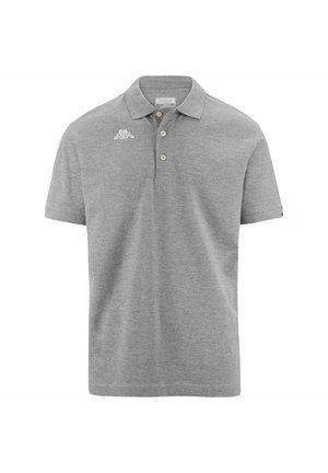 Polo grigio in tessuto morbido, con colletto classico, tre bottoni e un piccolo logo bianco sul petto. Maniche corte.