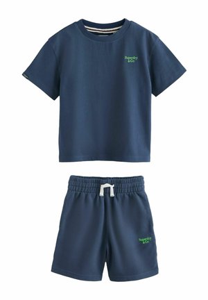 Navy blue kids’ short-sleeve t-shirt and elastic waist shorts set, both with small green "Superdry & Co" logos.