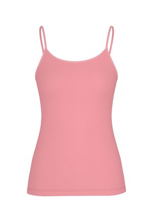 Hellrosa Camisole mit dünnen Trägern, einer figurbetonten Silhouette, weicher Textur und einem runden Ausschnitt. Ohne Muster oder Verzierungen.