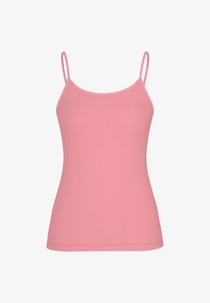 Camisole rose pâle avec fines bretelles, silhouette ajustée, texture douce et encolure arrondie. Aucun motif ni accent présent.