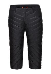 Zwarte geïsoleerde broek met een gewatteerd ontwerp, voorzien van diagonale stiksels, een aansluitende tailleband en een logo aan de linkerkant.