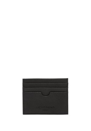 Portafoglio in pelle nera con cinque scomparti per carte, superficie testurizzata e logo impresso. Design rettangolare compatto.