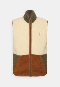 Fleece-Weste mit hohem Kragen, die aus cremefarbenen, grünen und braunen Farbblöcken besteht. Reißverschluss und kleines Logo auf der Brust. Weicher Stoff.