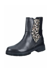 Schwarze Lederstiefelette mit einem Leopardenmuster-Seitenpaneel, elastischem Einsätzen für einfachen Einstieg und einer strukturierten Gummisohle.