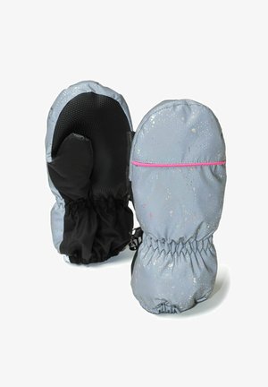 Sive rokavice z mešanim vzorcem, z črnimi dlanmi, elastičnimi manšetami in rožnato poudarjeno črto. Mehak material z vodoodbojnim premazom.