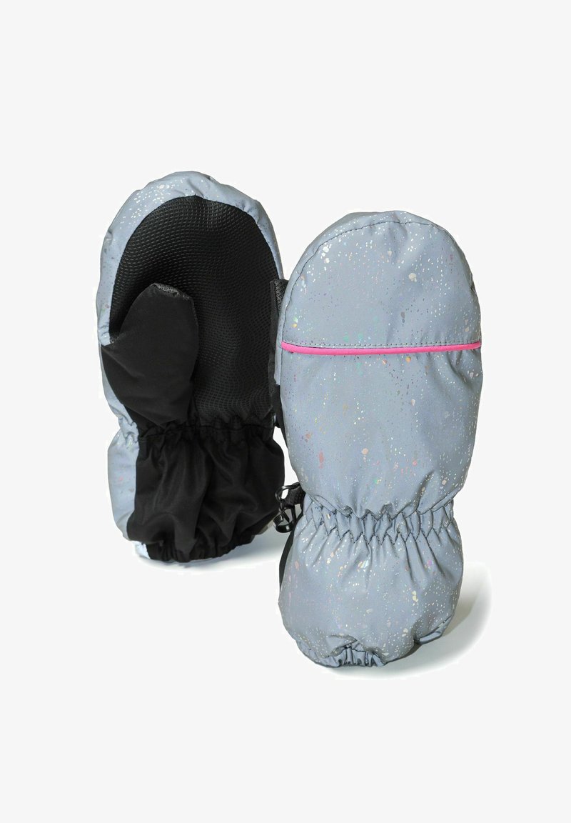 Szürke kesztyűk foltos mintázattal, fekete tenyérrel, elasztikus mandzsettával és rózsaszín díszcsíkkal. Puha tapintású, vízálló felülettel.