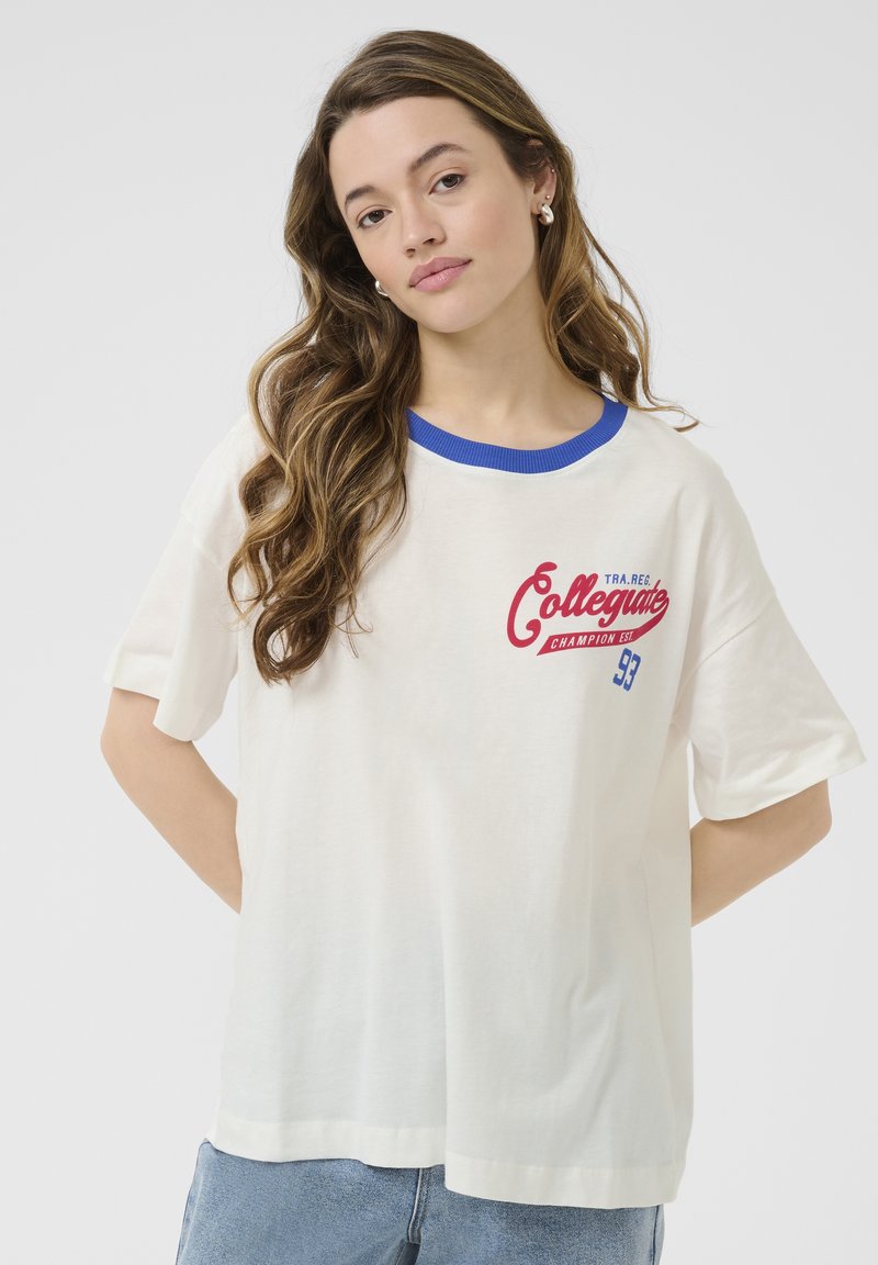 Short-sleeve cream t-shirt with a blue ribbed collar, featuring red "Collegiate" graphic lettering and a relaxed fit.