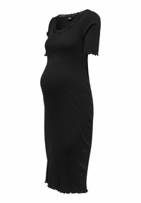 Robe de maternité noire côtelée avec manches courtes, encolure dégagée ornée de dentelle et bordure ondulée sur les manches et la jupe.