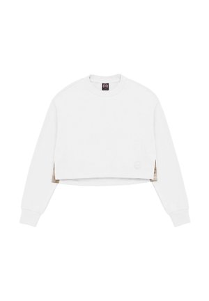 White long-sleeve cropped sweatshirt with side slits and ribbed cuffs, featuring a small round logo on the lower front right side.