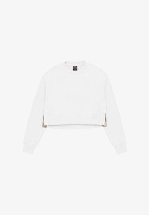 White long-sleeve cropped sweatshirt with side slits and ribbed cuffs, featuring a small round logo on the lower front right side.