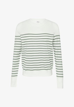 Valge sviiter roheliste horisontaalsete triipudega. Omandab ümmarguse kaela ja pikad varrukad. Pehme tekstuur, juhuslik disain ning soonikkoes mansetid ja ääred.