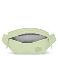 Light green canvas bag with a zip closure, featuring a medium-sized main compartment and a textured surface. Logo patch on the side.