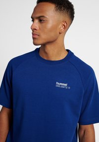 Blå t-shirt med kort ärm i bomullsmix, med rund halsringning och raglanärmar. Har en liten vit logotyp på bröstet.