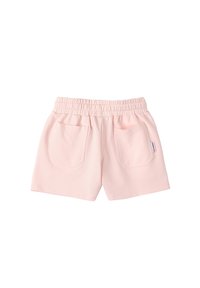 Pantalones cortos de color rosa claro hechos de un material suave, con una cinturilla elástica y dos bolsillos traseros con un sutil logotipo de acento.