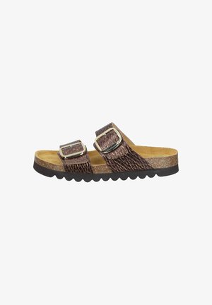 Brown textured double-strap sandal with adjustable silver buckles, contoured cork footbed, and black ridged sole for casual wear.