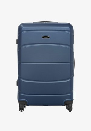 Niebieska walizka z twardą powłoką, wyposażona w cztery czarne obrotowe kółka i uchwyt górny, widziana z przodu.