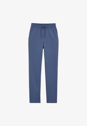 Blauwe sweatpants met trekkoord, elastische tailleband en zijzakken, gemaakt van zachte, gestructureerde stof voor casual gebruik.