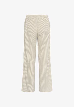 Pantalons rayés beige clair avec une coupe lâche, dotés d'une taille élastique et de lignes verticales qui créent un aspect texturé.