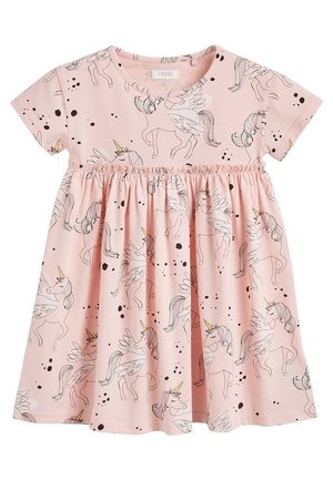 Vestido rosa de manga corta con estampados de unicornios, cintura elástica y falda acampanada. Hecho de suave tela de algodón con detalles moteados.