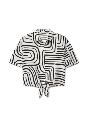 Weißes kurzärmeliges Hemd mit Knopfleiste, schwarzem abstraktem, geschwungenem Linienmuster und einer vorderen Knotenschleife am Saum.