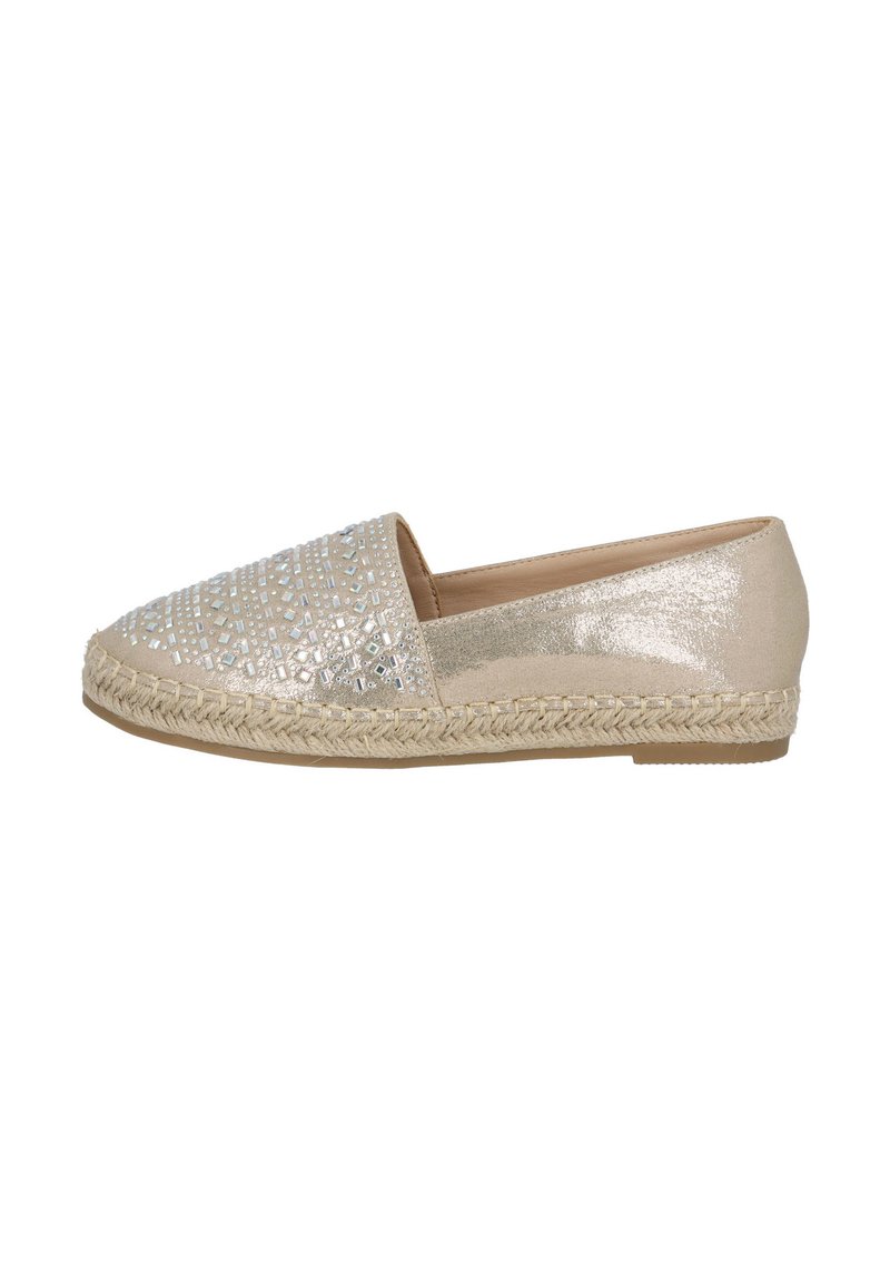 Espadrilla piatta beige con un motivo metallico intrecciato, suola in juta intrecciata e parte superiore liscia e lucida. Design della punta elegante e arrotondata.