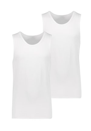 Two white sleeveless tank tops made of smooth fabric, featuring a round neckline and regular fit. No patterns or accents visible.