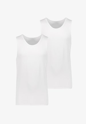 Two white sleeveless tank tops made of smooth fabric, featuring a round neckline and regular fit. No patterns or accents visible.