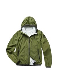 Giacca a vento verde con cappuccio, dotata di una fodera interna bianca a contrasto, tasche con zip e polsini elasticizzati. Materiale morbido e leggero.